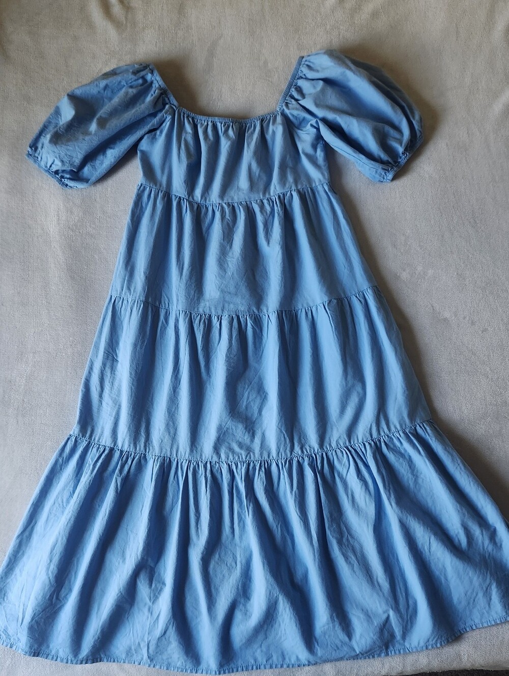 Blue Puff-Sleeve Tiered Women's Midi Dress